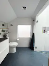 In the renovated primary bathroom, a curbless shower creates a unifed room with the toilet and sink area.