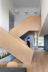The stair’s scissor configuration forms a compelling and dynamic threedimensional geometric composition, animated by the procession of figures as they ascend and descend between the different levels of the house. A woodclad ceiling treatment extends from the staircase to the foyer, defining the edge of one of the internal volumes.