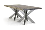the double jak table base, made from 2x4 steel tubing, takes its cue from a game of jacks. the table seats 8-12 depending on size and chairs.