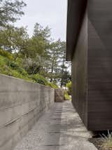 The space between the hillside and cantilevered bedroom is a quieter moment, recalling the owners' and architect's many visits to Japanese temples.