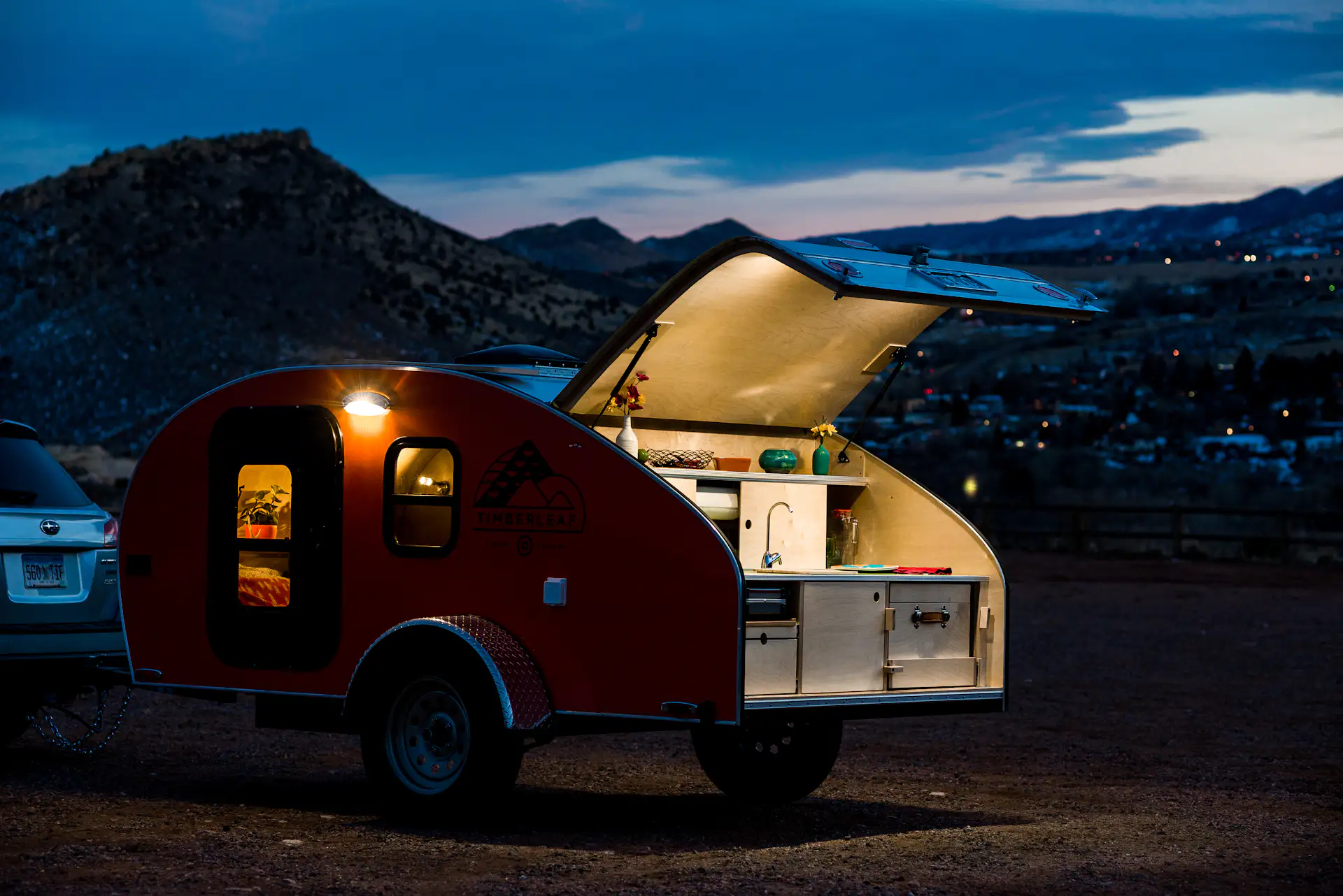 LED lights illuminate the trailer at night.