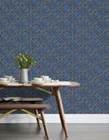 Heath for Hygge & West Wallpaper in Arcade, Navy featured with Dining Table and Benches from Jacob May for Heath: Nomad Collection, and a Heath Clay Studio Limited Editions Vase with Chez Panisse Dinnerware and Native Organics linens.
