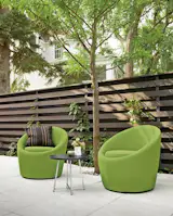Petite enough to fit on small balconies, but big on comfort, the Crest outdoor chair creates the perfect spot to lounge. A hidden swivel base lets you enjoy a 360-degree view, while durable Sunbrella® fabric looks great season after season. The attached seat cushion stays put in the wind. #furniture #outdoor #madeinamerica 
