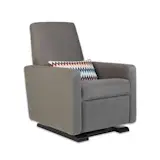 Modern upholstered Grano glider recliner in charcoal by Monte Design with a Missoni pillow