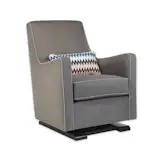 Modern upholstered Luca glider in charcoal by Monte Design with a Missoni fabric pillow
