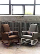 Modern upholstered Joya rocker in brown and charcoal body with walnut base by Monte Design 