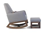 Modern upholstered Joya rocker and ottoman in heather grey body with walnut base by Monte Design with a Paul Smith pillow