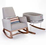 Modern upholstered Joya rocker and Rockwell bassinet -heather grey body by Monte Design with Missoni pillow