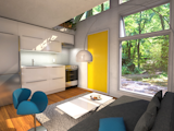 The kitchen is open to the living room, which is punctuated by a sunshine-yellow front door.