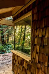 Large windows offset the cedar exterior and provide expansive views of the forested surround, linking the studio with the natural landscape.