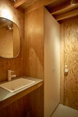 The bathrooms are wrapped in raw plywood that lends organic texture, warmth, and pattern to the interior.