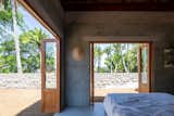 Folding doors made of wood and glass open the private volume to a view fringed with tall palms.