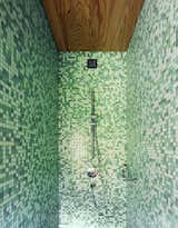 Bath Room, Enclosed Shower, and Mosaic Tile Wall A beautifully designed, mosaic-like tile shower.   Photos from A Sculptural Steel Abode on Lake Geneva Is Up For Auction