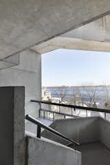A view of the Saint-Laurence River and the concrete exterior of Habitat 67.