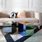 Living Room, Coffee Tables, Rug Floor, and Sofa The Vally Sofa in Blush velvet is winner, especially when paired with a few fun throw pillows and mini mirrored Chroma Cube Accent Tables. 

  Photo 8 of 8 in Take a Peek at Amazon's  Colorful Collaboration With Iconic Designer Jonathan Adler