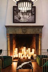 Hotel Figueroa fireplace with upside-down triangle engraving