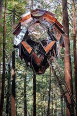 Designed and built by Oakland–based O2 Treehouse, the Pinecone is a five-and-a-half-ton geodesic home that can be installed in the forest or in your own backyard. The treehouse, accessed via a wood ladder and a trap door, is constructed from steel, wood, and glass that integrates into the forest canopy. Inside, 64 diamond-shaped windows provide 360-degree views of the surrounding forest or landscape. Even the floors are composed of transparent panels—enhancing the sensation of floating above the earth.