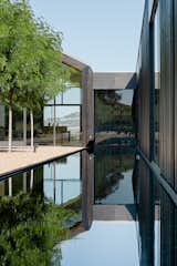 The mix of wood and steel references the construction of a wine barrel. A long rectangular reflecting pool runs the length of the tasting room.