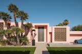A midcentury home in Palm Springs has a pretty pink facade offset by aluminum grilles. Providing shade as well as decoration, the grilles were designed by John deKoven Hill, lead architect in the office of Frank Lloyd Wright, who took over the firm upon Wright’s passing in 1959.