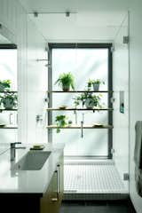 The room features a full bath with a special display for houseplants with its own set of glass doors to keep them dry while the shower is in use.