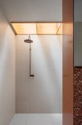 The bathroom features a skylight and rose-colored terrazzo.