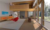 The cozy fireplace seating area is located under the upper mezzanine. Upstairs the mezzanine can be used as a study, with three windows bringing plenty of light into the interior. Lindal Imagine Series Crystal Springs.