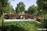 Axiom 3250 - Designed specifically for steeper sites which may be difficult for conventional floor plans, this home steps up with a hillside, providing stability to steeper slopes by working with, rather than against, the landscape. Its low profile and possible green roofs ensure it blends elegantly into almost any natural environment. By entering the home from the end rather than the center, the organization allows for easy access along a hillside, keeping driveways and entry paths out of the views that are maximized by the linear format. The stepped mass of the building creates ample roof terraces and a private outdoor courtyard separating the master suite and a beautiful studio / office. (3,250 sf / 94' x 57' footprint) 