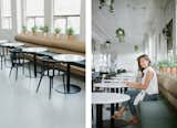 Left: A row of white marble tables by Soho Concept and Ikea chairs along custom banquettes.&nbsp;&nbsp; Right: Christina Disler, founder of Werklab, believes in a workspace that encourages people to slow down and do the work within. Plant design by Sean Partlow.&nbsp;&nbsp;
