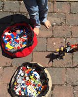 Our Swoop Mini Bags in Tractor Red and Sand Dune. Made from tough, water-resistant fabric. Ideal for lego bricks and other small toys, cosmetics, art supplies, snacks, and collections of all sorts. Great for kids and families on the go! Made in USA / Seattle. #leogstorage #legobags #toystorage