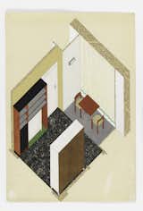 Drawing, Design for a Living Room with Dining Area, 1933–39; Designed by Margarethe Fröhlich (Austrian, 1901–2001); Austria; brush and gouache, black ink; graphite, silver foil, collaged colored paper, wood veneer, newsprint on heavy cream wove paper; 43.7 x 30.1 cm (17 3/16 x 11 7/8 in.); Gift of Margarethe Fröhlich; 1997-109-14  Photo: Cooper Hewitt.