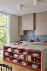 To help with the budget the kitchen cabinetry is made from a combination of IKEA boxes with custom doors.  The backsplash is 4"x4" River glazed ceramic tile from Heath.   Surface mounted ceiling lights are by Flos.  Tape-in recessed lighting by USAI.