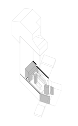 Oblique views of the garden from the kitchen are framed through rectilinear apertures to the dining and living zones of the new space.