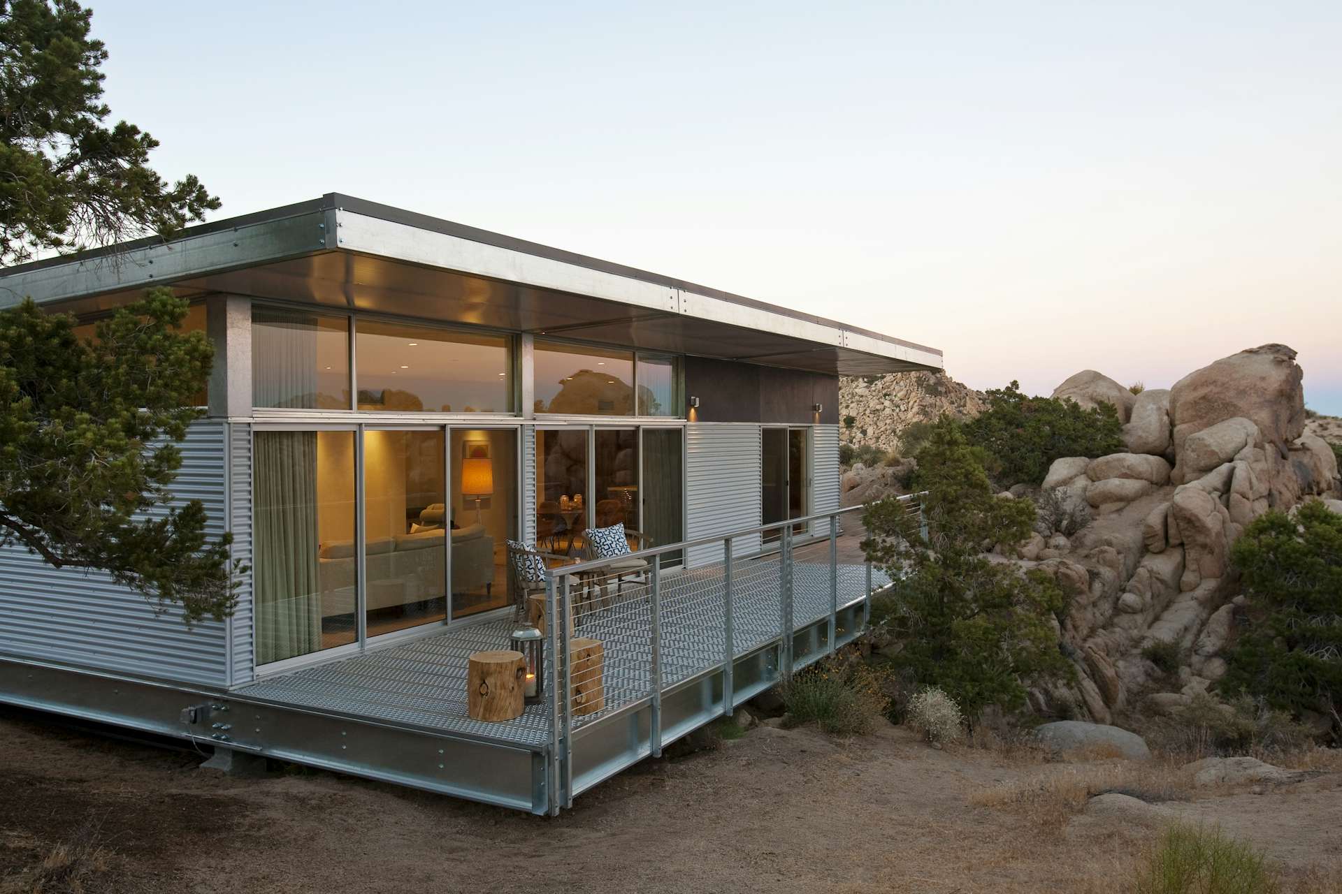 Manufactured with up to 70 percent recycled steel, the hybrid prefab Graham Residence by Blue Sky Building System in Yucca Valley, California, limits construction waste to the factory.