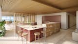 The kitchen features custom cabinetry made from solid wood slats with opaque lacquer and marble countertops. 