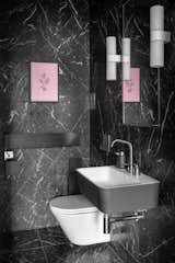 Bath Room, Marble Floor, Wall Mount Sink, Wall Lighting, One Piece Toilet, and Marble Wall  Photo 18 of 24 in Coates Place by Mr Buckley Interiors