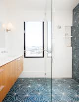 Bath Room, Engineered Quartz Counter, Cement Tile Floor, Open Shower, Wall Lighting, Ceramic Tile Wall, Undermount Sink, and Soaking Tub view of the vanity and shower in the master bathroom with cement tile   Photo 5 of 12 in Glen Park House by McElroy Architecture