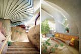 From left: stone stairs leading from the downstairs guest bedroom to the main living area, flanked by a concrete pedestal with hand-cut opaque glass panels. The structure supports a loftlike master bedroom; the sunken living room, with a built-in distressed leather sofa, a brass cabinet and a custom glass and Rosa Verona marble coffee table topped with pottery made by local artisans. Credit Photograph by Anthony Cotsifas. Produced by Michael Reynolds

Originally from NYTimes article "Rock Legend" http://www.nytimes.com/2015/05/14/t-magazine/joshua-tree-house-kendrick-bangs-kellogg.html#

#joshuatree #desert #california #kendrickbangskellogg
