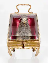 A. STYX, 2016
DEATH'S-HEAD HAWKMOTH, RED SILK, ANTIQUE FRENCH CASKET IN ACRYLIC CUBE
6 X 6 X 6 INCHES