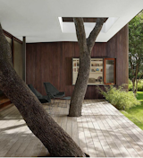 Mark Word Design incorporates trees directly into the deck and seating area at the Lakeview Residence in Austin, Texas.