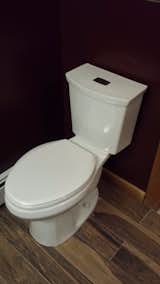 This is an American Standard Cadet 3 toilet with a dual flush mechanism. I used the same piece in all 3 bathrooms. These chair height, oblong bowls are a welcome improvement from the legacy units. Under $200 at Home Depot. Warning - the feed hose inside the tank did slip off the float assembly after 3 years and I had to zip-tie it back on.