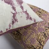 Close-up of Cascade (Mauve) and Kaleido pillows.  All pillows have a solid linen or velvet back and a brass exposed zipper.
