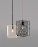 KEEP – CANE DRUM Pendant Duo, Charcoal and Pearl hand blown glass, Drift pattern, Hand blackened brass hardware, Onyx & Fuchsia cloth cord, dimmable LED bulb