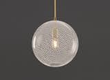 KEEP – CANE GLOBE Pendant, Pearl White hand blown glass, Drift pattern, Satin brass hardware, Gold cloth cord, dimmable LED bulb