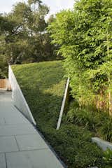 A sculptural concrete garage folds into the garden.