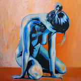 "Cerulean Nude" is Deborah Argyropoulos's most well known painting in her lifelong   exploration of the female form.  This is a photo of the 48" x 48" original which hangs in the home of a well known California art collector. It is considered an important and timeless work recognized internationally, and the owner has said it will be donated to one of the museums she endows by her will.  
A limited edition, signed run of lithographic reproductions on Canvas is in the works, and in the meantime Giclee's are available at the cost of $900.(36"x36" artist checked, fine art print, signed  & initialed on back to prove authenticity; unframed.)