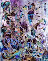 Deborah Argyropoulos 
“Urban Garden”
Abstract, Mixed Media Artwork (48”x60”).
Shades of Purple, Blue, Green, and Gold cascade across the composition. They work in concert and to guide the viewers eye to the layered depth and subtle texture that creates a vision of life and growth.  The garden is magnificent and pays homage to the beauty orchestrated by the natural elegance and human influence that converge to bring it to fruition. 