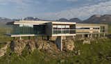 facing north, hovering above the mountainous nature
