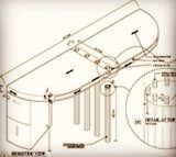 Blueprint drawing for a desk for two people.  The effectively symmetrical design, despite  minor asymmetric details, provides ample storage and seating for two people to work simultaneously.  Moreover, the add legroom from the curvature allows more than one person to work comfortably with a third party on "their" side