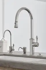 Davoli Series Kitchen Faucet and accessories in Polished Nickel. From The Kitchen Collection by California Faucets. 