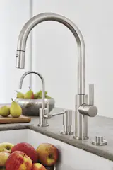 Corsano Series kitchen faucet and accessories in Satin Nickel finish. Part of The Kitchen Collection by California Faucets. 